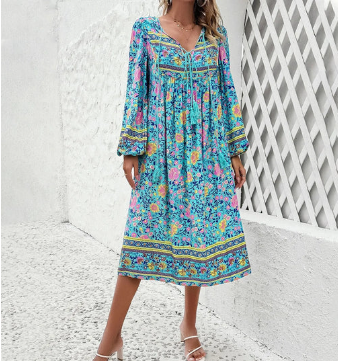 Madison floral printed tassel v neck boho dress