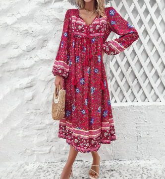 Madison floral printed tassel v neck boho dress