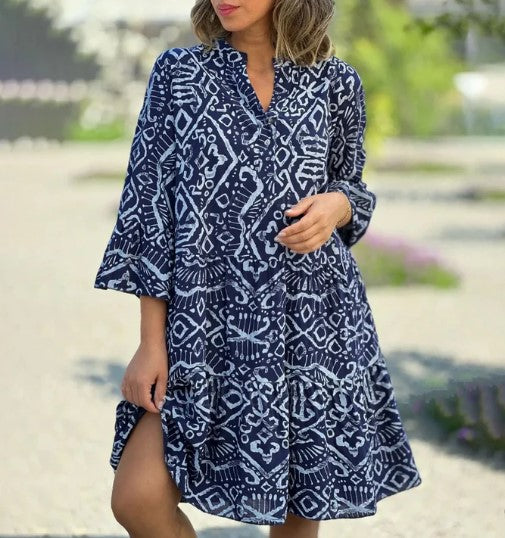 Ava - ethnic graphic print band collar boho dress