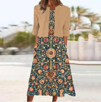 Mila - coffee colored midi dress with half sleeves and print