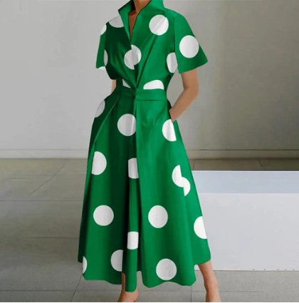 Natalie – green polka dot maxi dress with short sleeves