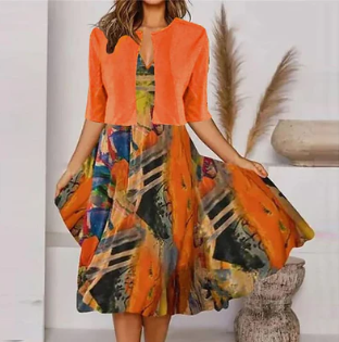 Harper - orange midi dress with half sleeves and v-neck