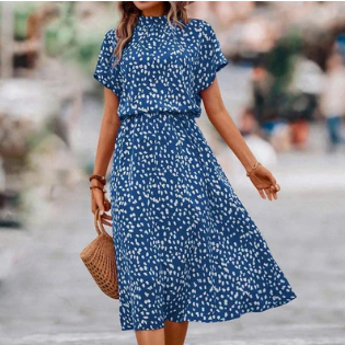 Isabella - blue printed midi dress with round neck