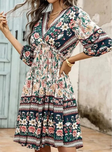 Amelia - short sleeve printed boho dress for women