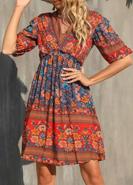 Amelia - short sleeve printed boho dress for women