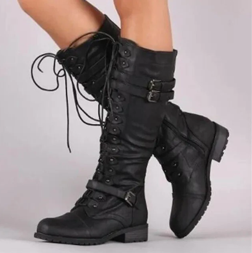 Bailee - retro boots with flat buckle and lace-up