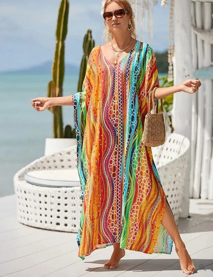 Evelyn - long boho dress with graphic rainbow print