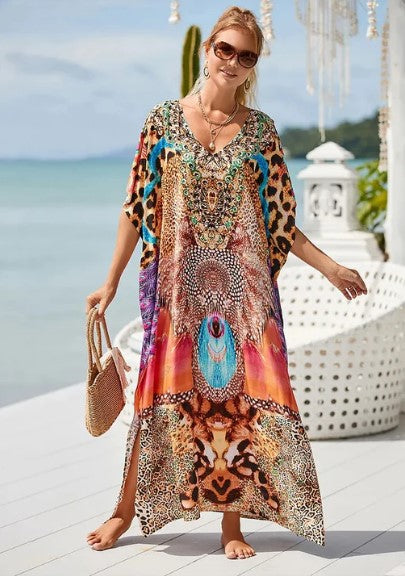 Evelyn - long boho dress with graphic rainbow print