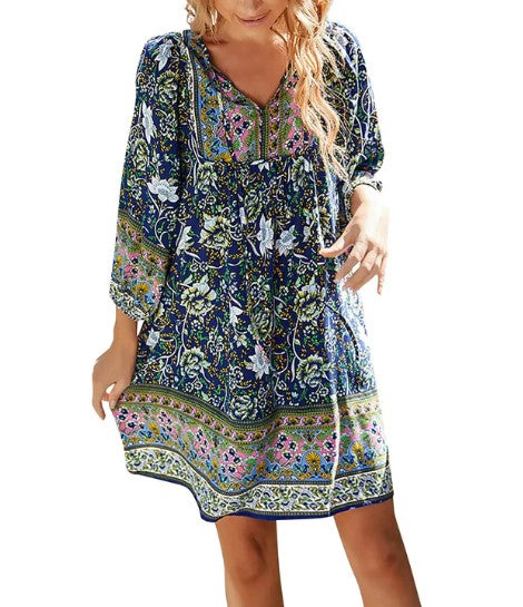 Emma - loose fitting short boho dress with floral print