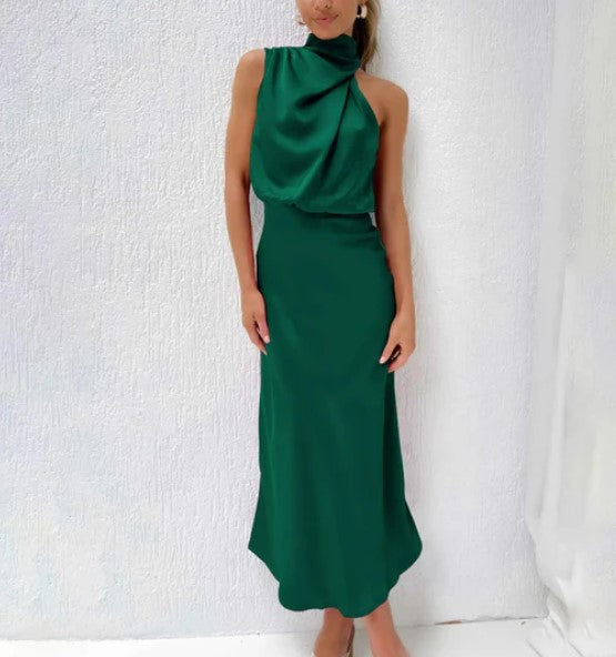 Mia - champagne green black satin halter neck maxi dress