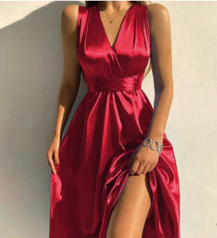 Ella – mint red, simple, sleeveless satin maxi dress