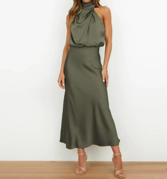 Mia - champagne green black satin halter neck maxi dress