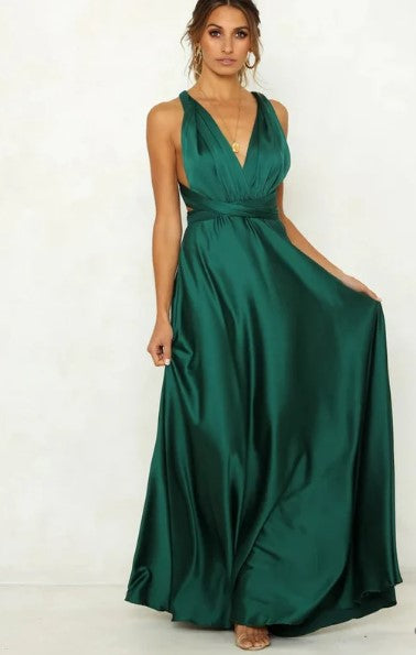 Evelyn - sleeveless satin maxi dress with v-neck and narrow waist