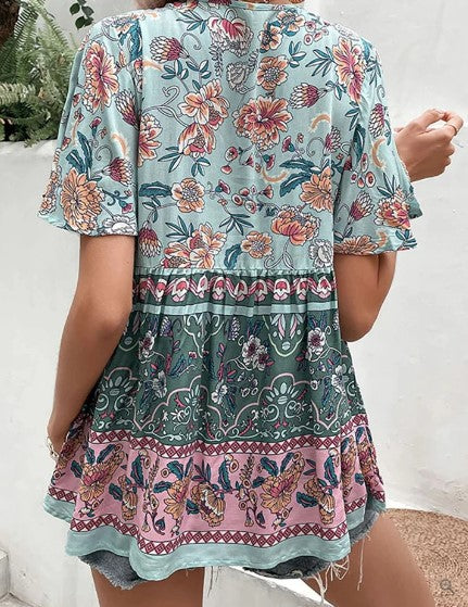 Olivia - short boho dress with v-neck floral print