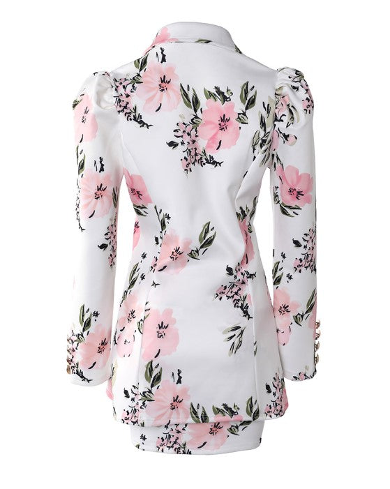 Abigail double breasted floral print blazer with puff sleeves