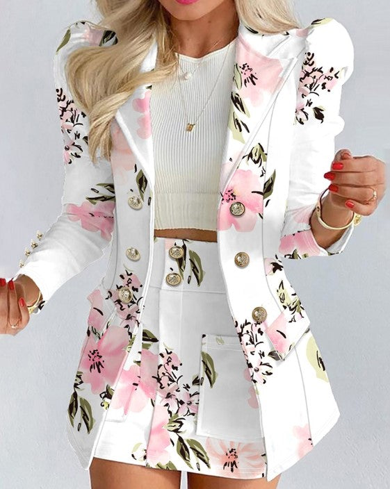 Abigail double breasted floral print blazer with puff sleeves