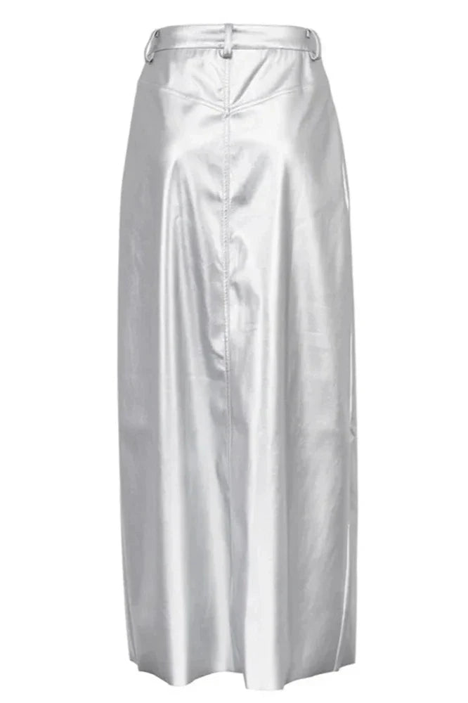 Silver High Waist Pencil Maxi Skirt