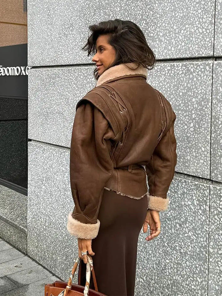 Sophiane - brown leather jacket with fur and belt