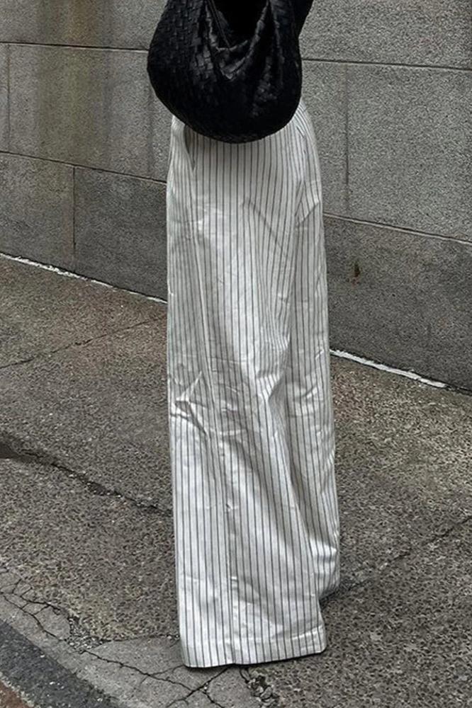 Striped Pockets Wide Leg Pants Without Belt