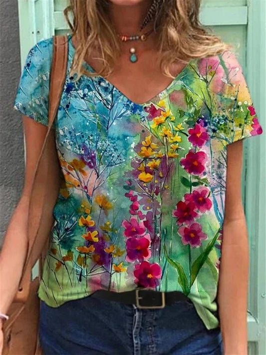 T-shirt - v-neck painting floral art