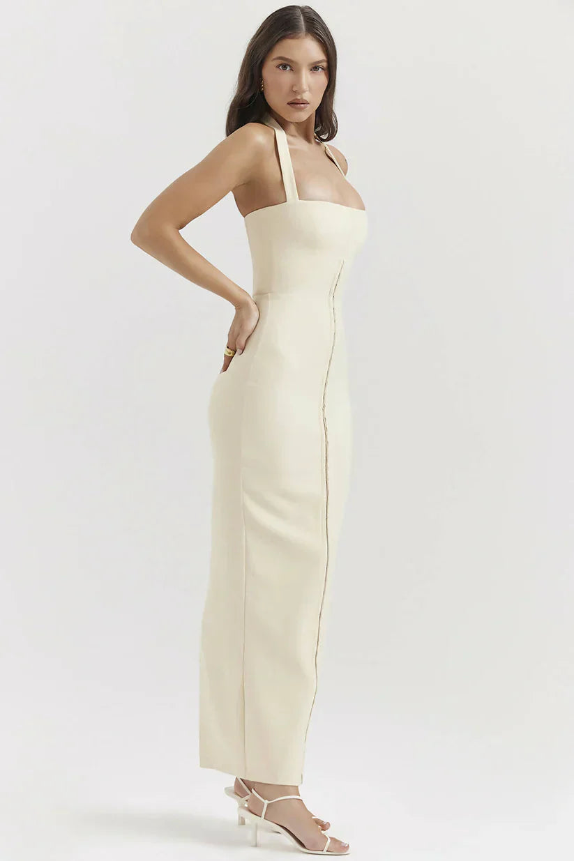 Nancy | mia ecru halterneck maxi dress