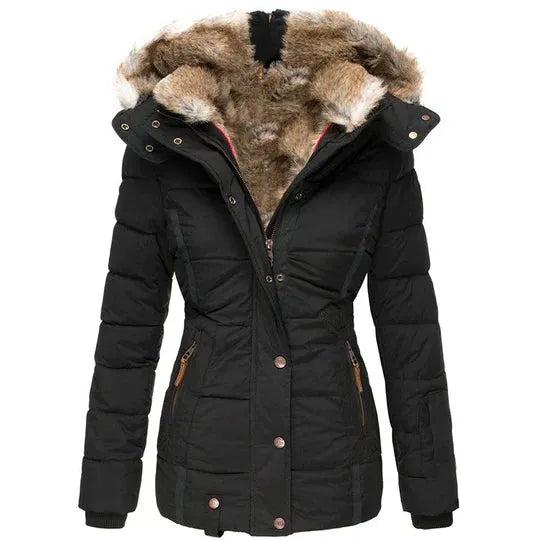 Warm women's coat with fur hood in winter design for autumn/winter