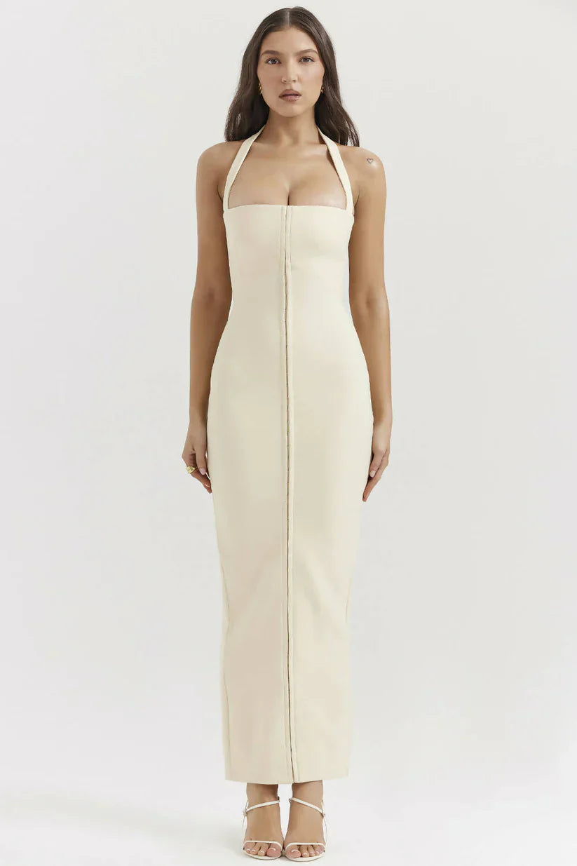 Nancy | mia ecru halterneck maxi dress