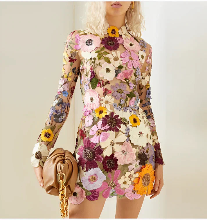 ELEGANT DRESS WITH FLORAL ORNAMENT - CARLA