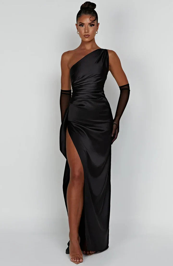 Pleated satin - dress with a shoulder slit