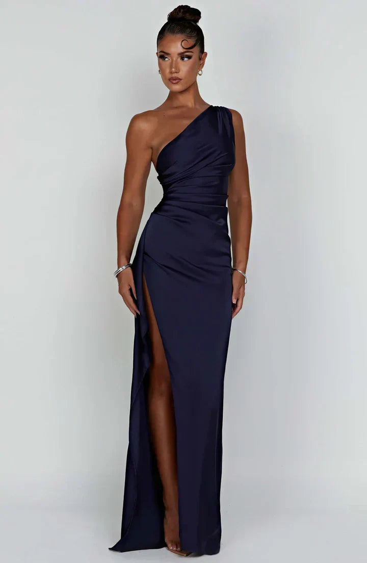 Pleated satin - dress with a shoulder slit