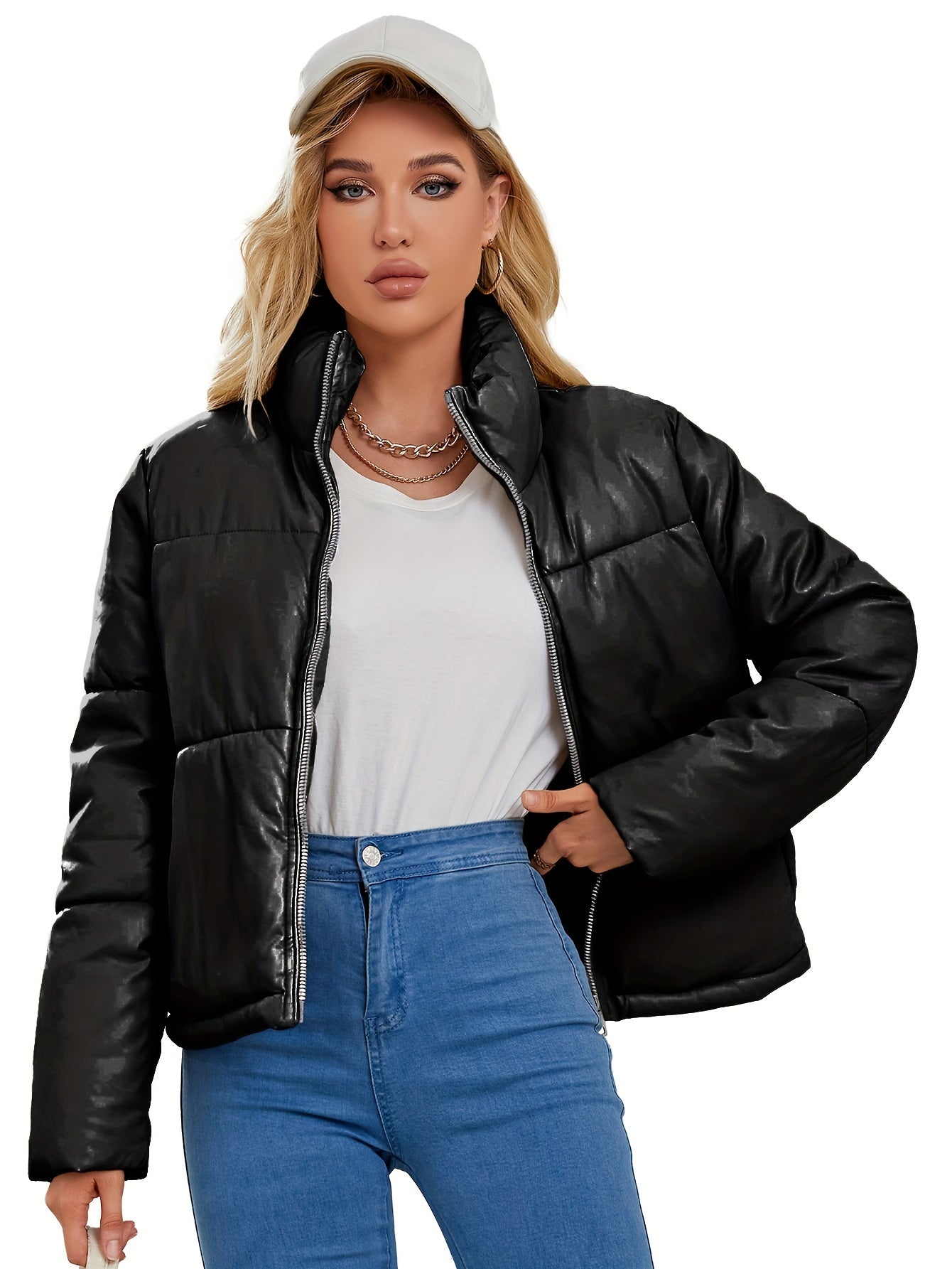 Elegant Short Vegan Leather Puffer Winter Jacket for Women | Ideal for Winter