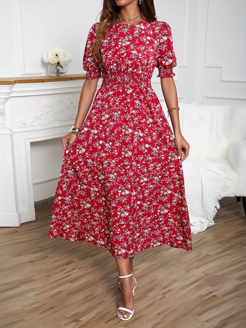 Amelia – dress with round neck and floral print for spring and summer