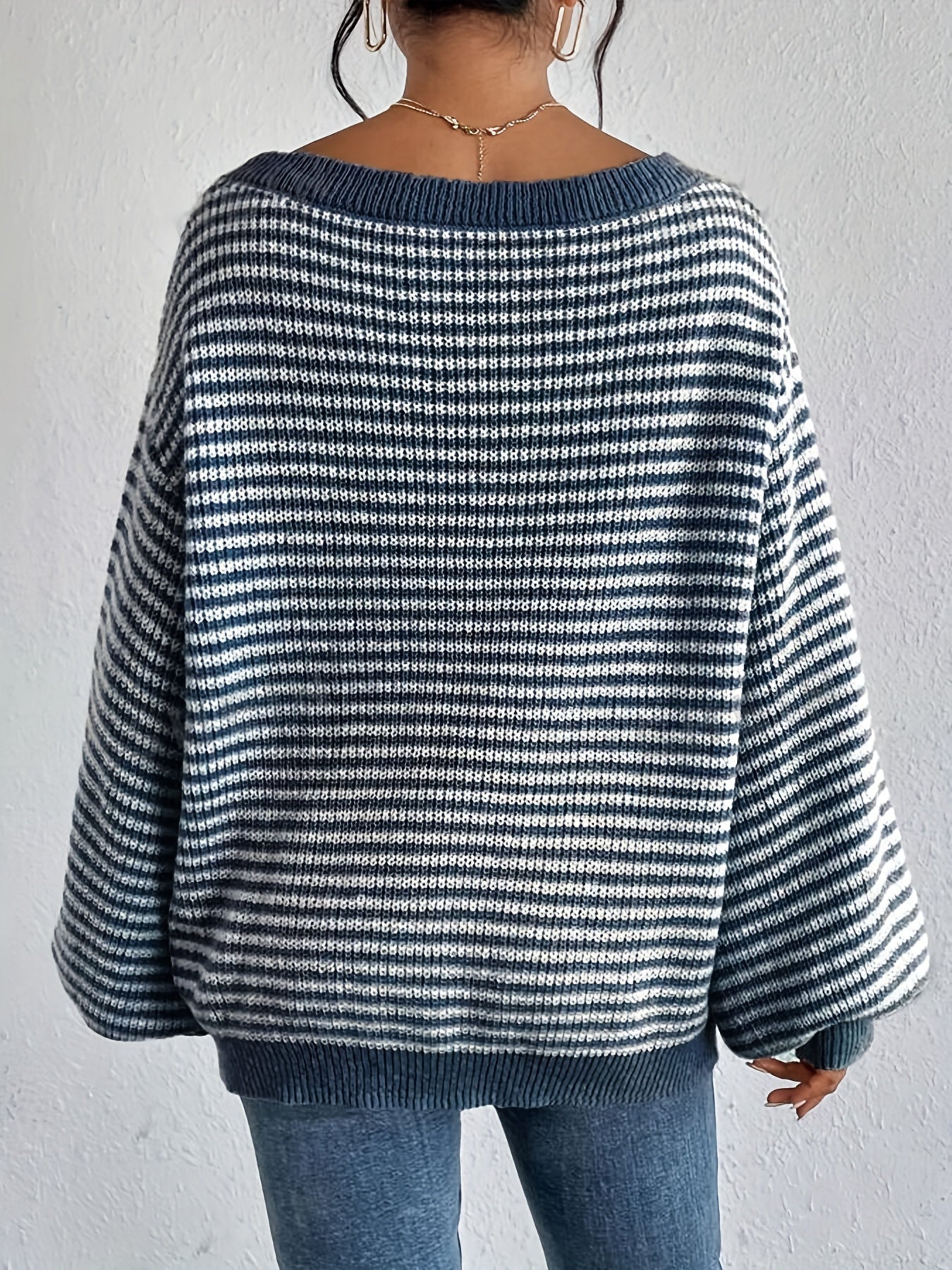 Casual Cotton Striped Off Shoulder Knit Sweater with Stretchy Fabric and Round Neck for Women | Ideal for Autumn