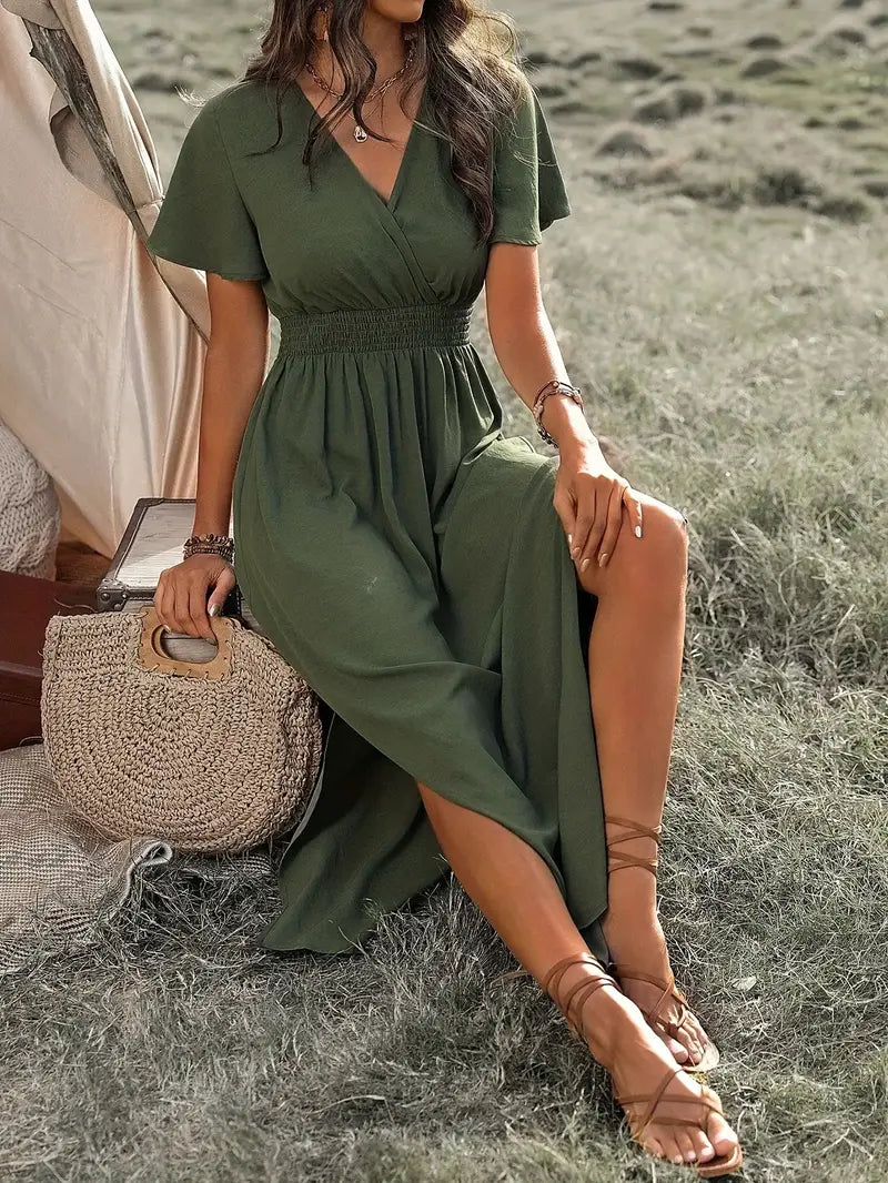 Olivia – plain-colored, side-slit, short-sleeved dress for spring and summer