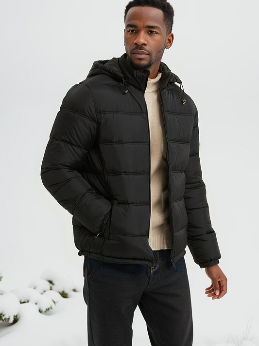 Casual Zip-Up Hooded Coat with Pockets, Warm Quilted Winter Jacket for Men | Ideal for Winter