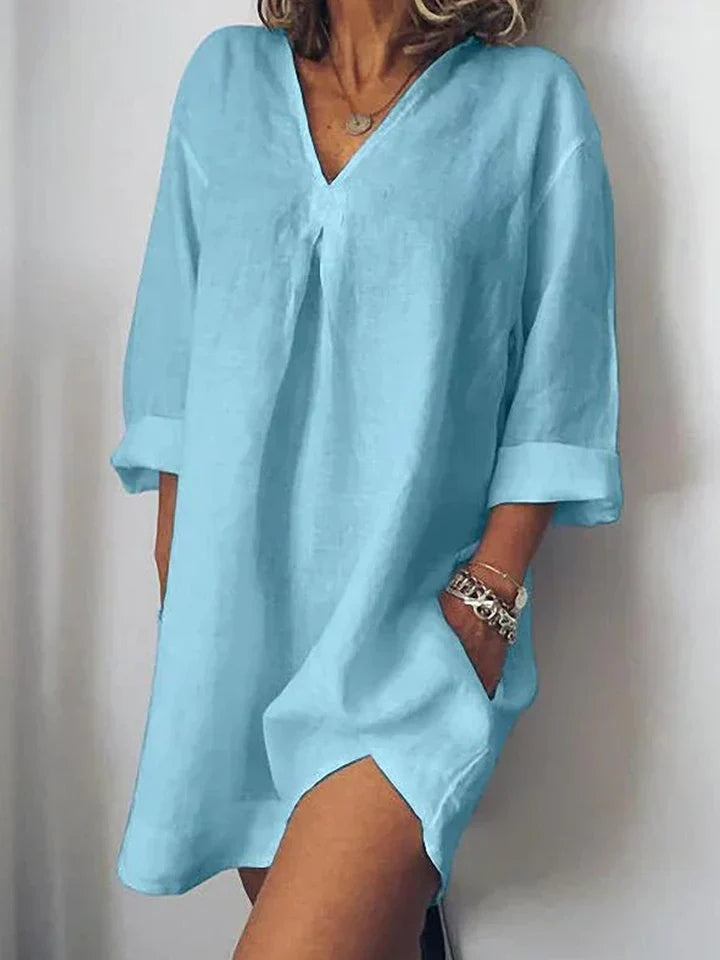 Casual linen dress – v-neck & half sleeves