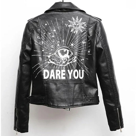 Women's leather jacket with a cool print