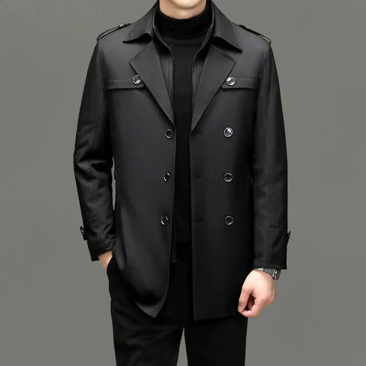 Men's coats in fine fabric with buttons and long trench coat design