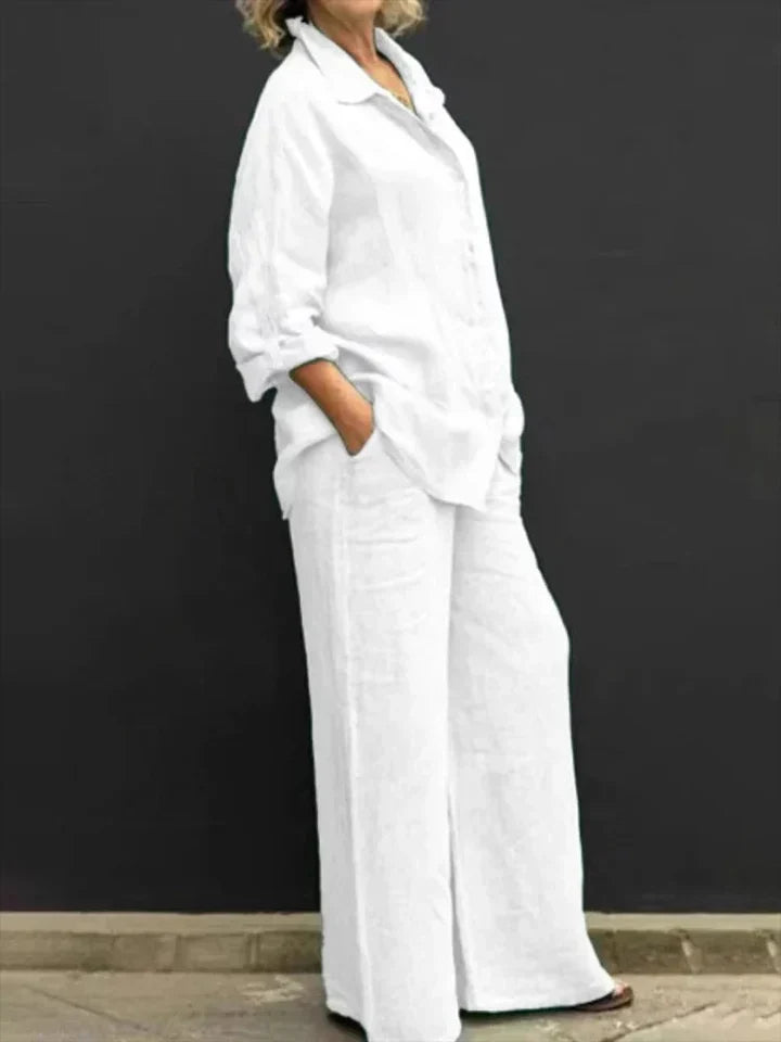 Casual linen ensemble with button placket