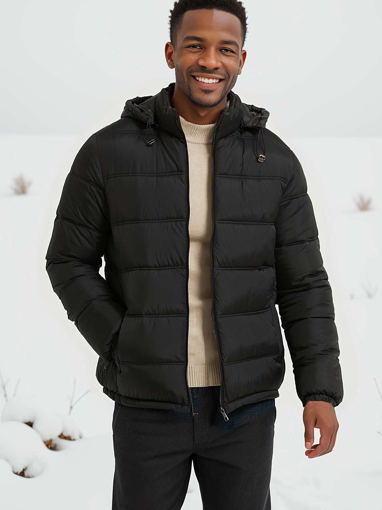 Casual Zip-Up Hooded Coat with Pockets, Warm Quilted Winter Jacket for Men | Ideal for Winter