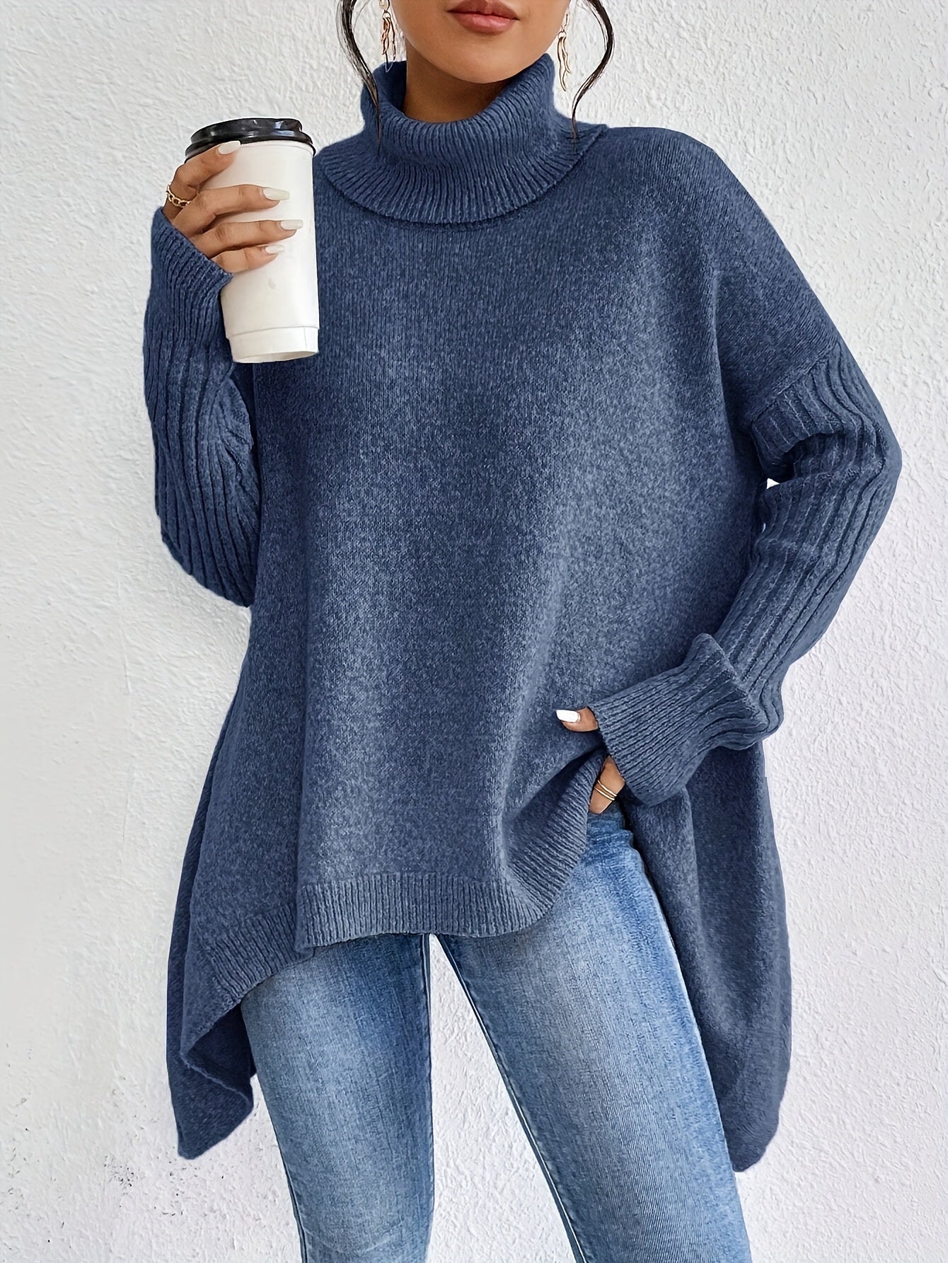 Casual Cotton Asymmetric Hem Turtle Neck Sweater with Long Sleeves for Women | Ideal for Autumn