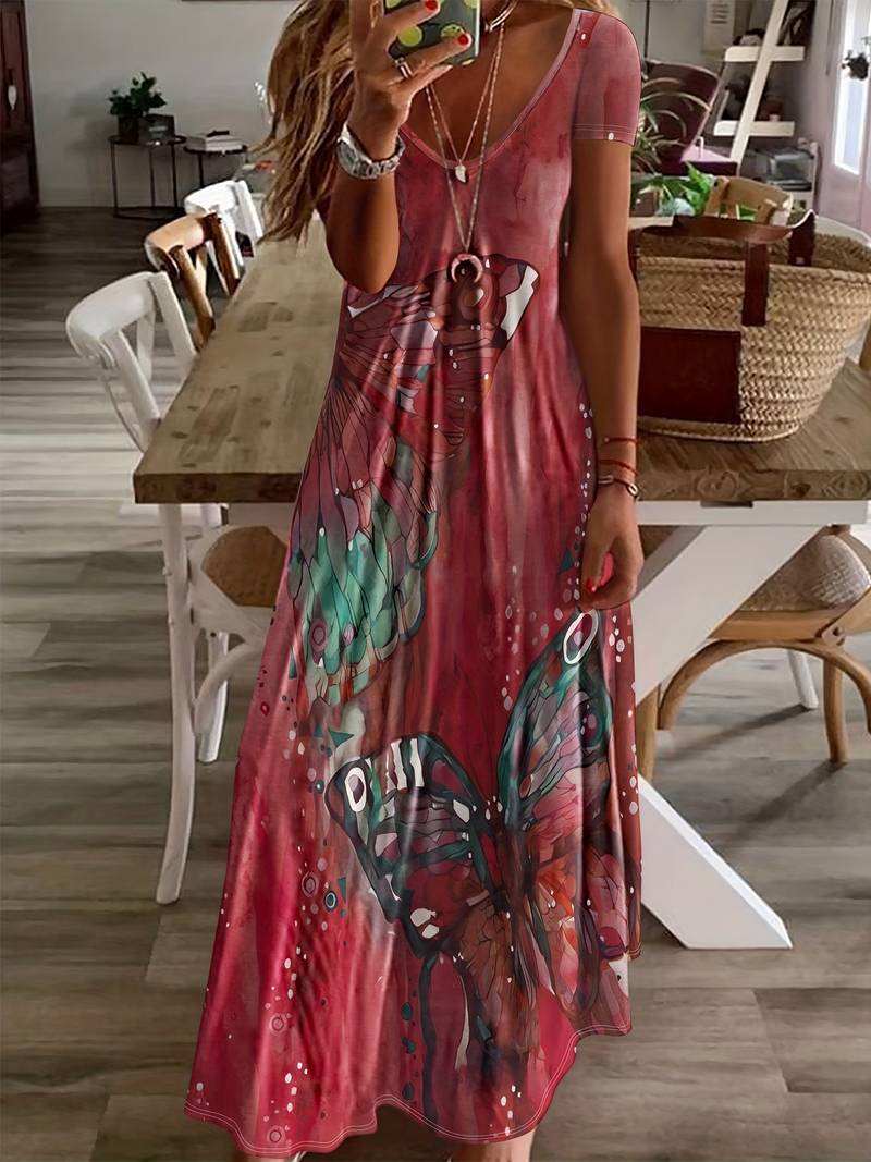 Grace - butterfly print v-neck dress for spring & summer