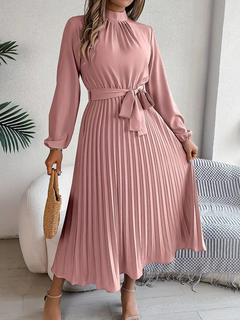 Layla – plain dress with stand-up collar and pleated belt