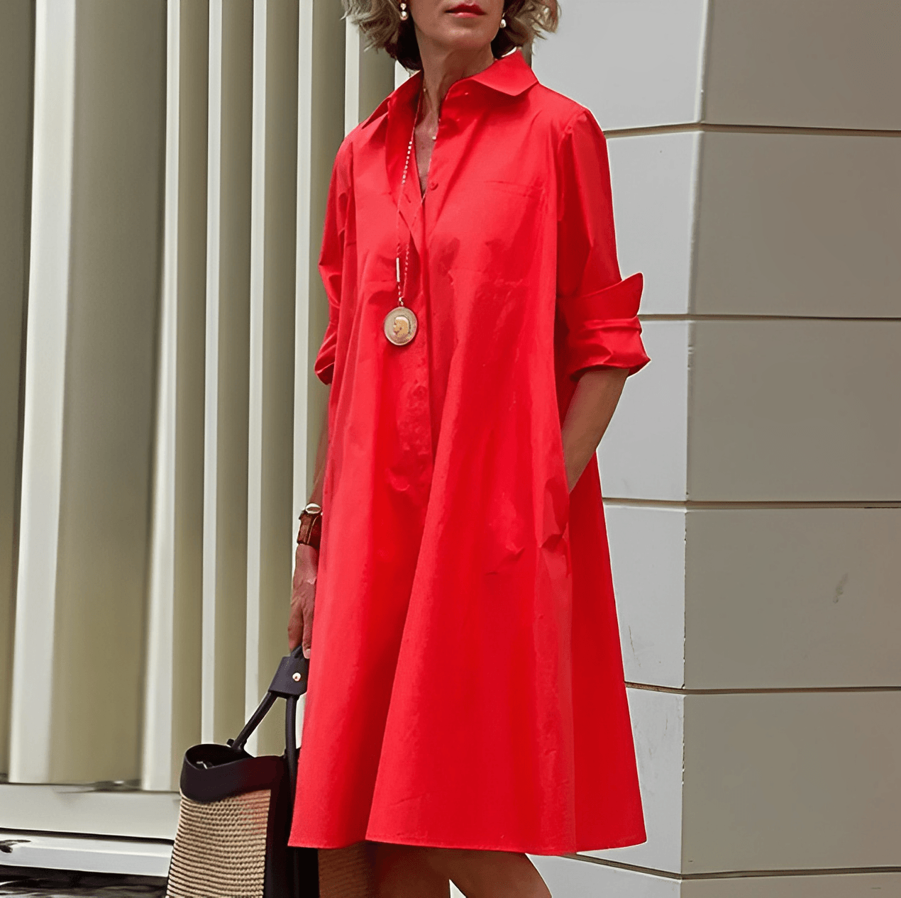 Modern shirt dress with turn-down collar & three-quarter sleeves