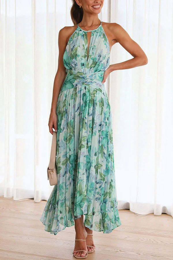 Forecast - pleated mid-length dress with a cutout neckline and a floral pattern