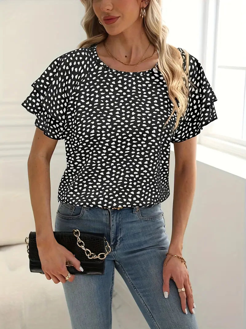 Samantha - ruffle trim crew neck blouse for women