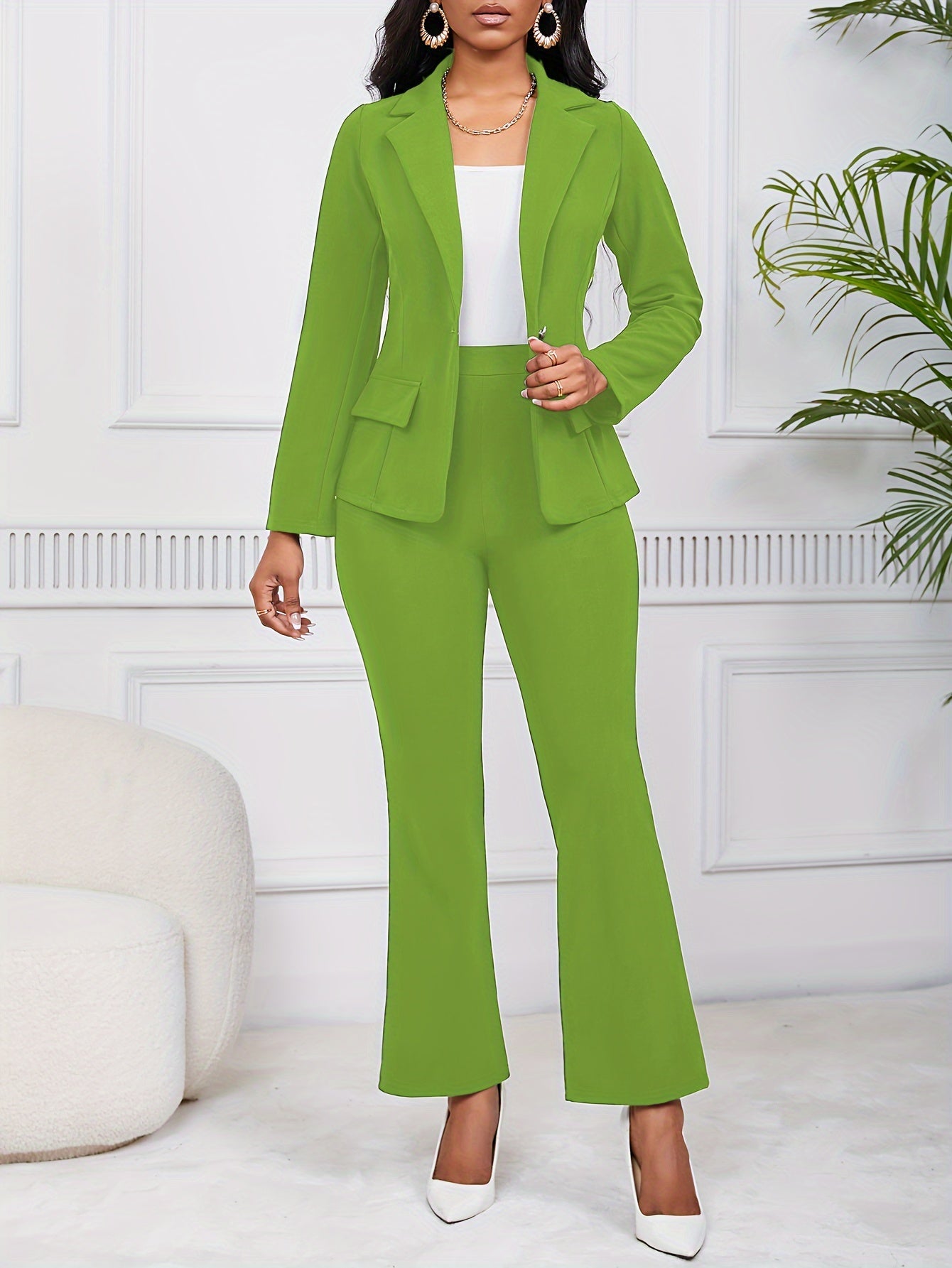 Elegant Button Front Long Sleeve Lapel Blazer & Bootcut Suit Pants Outfit Set for Women | Ideal for All Seasons