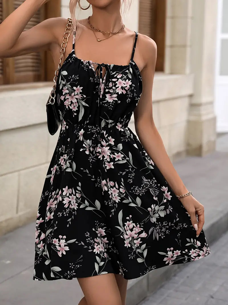 Isabella floral print holiday dress with narrow waist and spaghetti straps