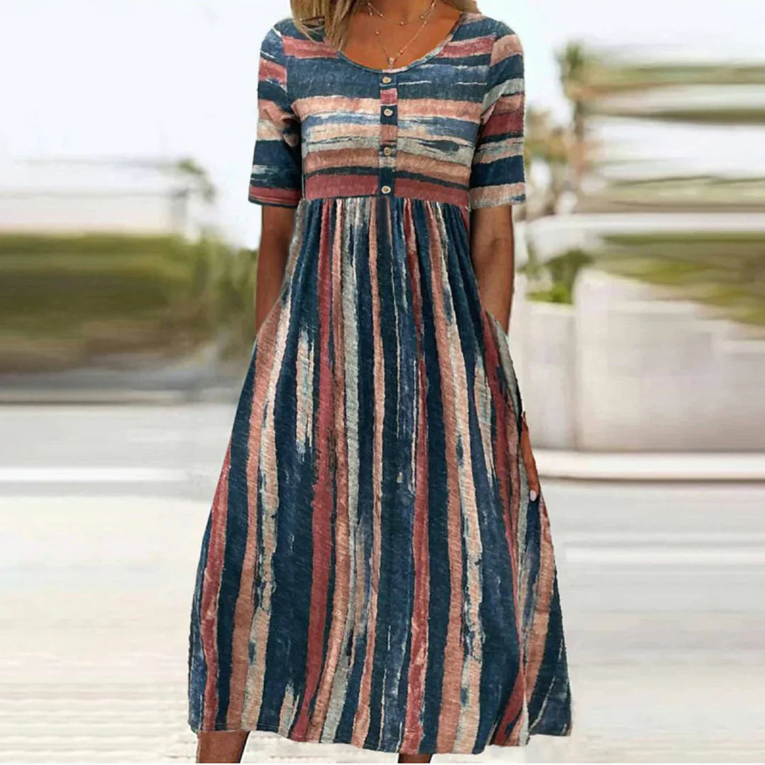 Alicia – trendy midi dress with short sleeves and color block design