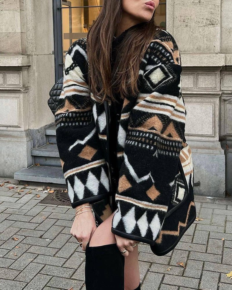 Geometric Patterned Wool Coat – Bold and Cozy Outerwear